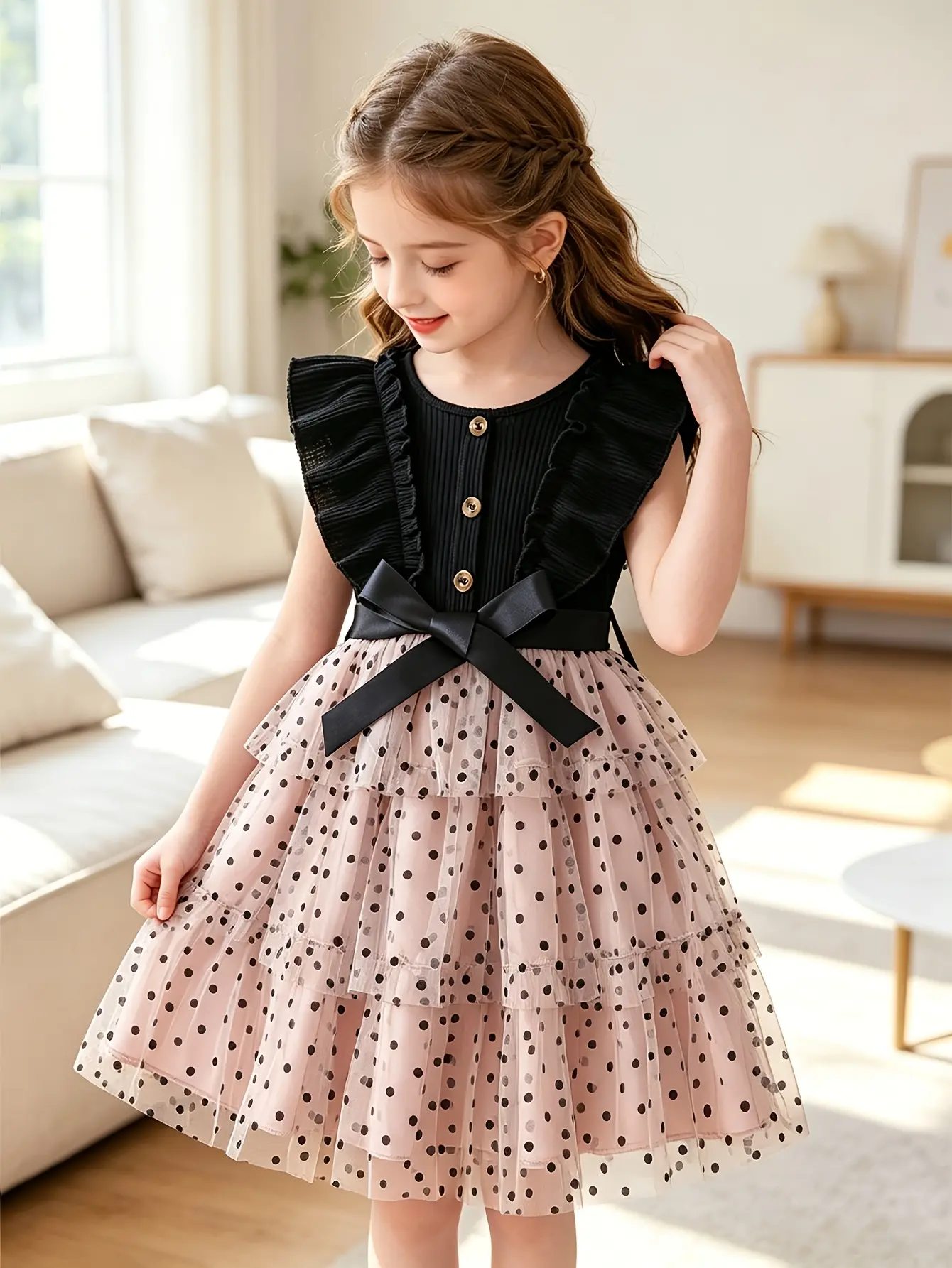 Detail 9 of Girls Ribbed Button Dress with Polka Dot Velvet Skirt by LUNORIANA