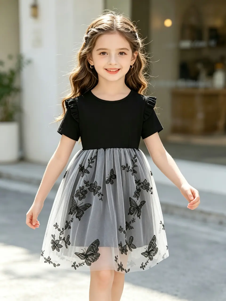 Girls Black Butterfly Tulle Princess Dress