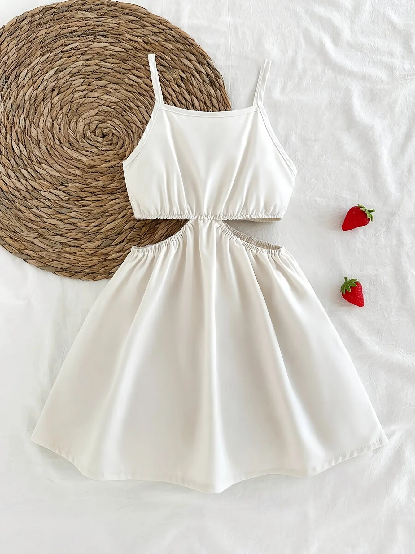 Detail 1 of Girls Vintage Strawberry Cutout Waist Cami Dress by LUNORIANA