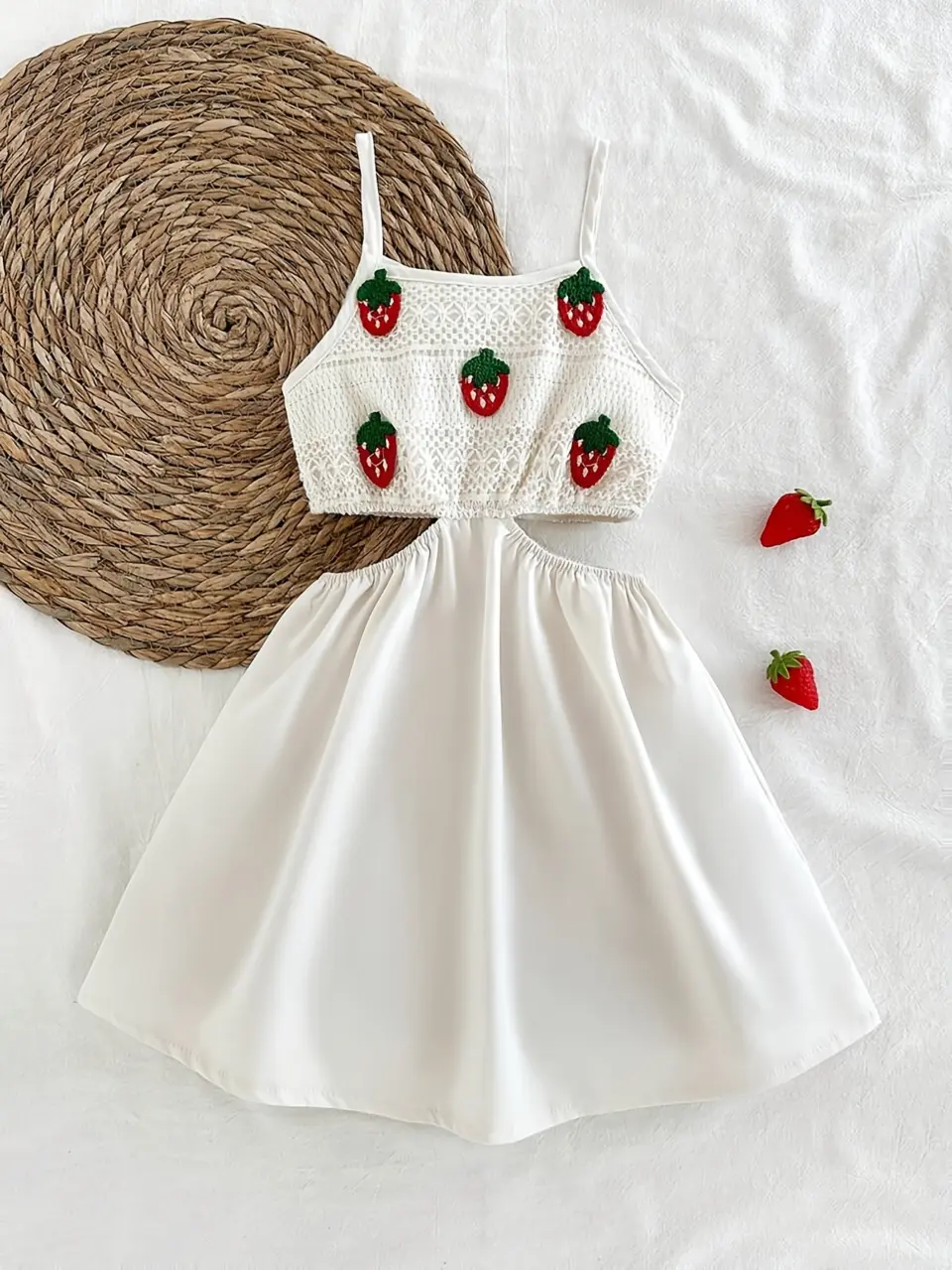 Girls Vintage Strawberry Cutout Waist Cami Dress