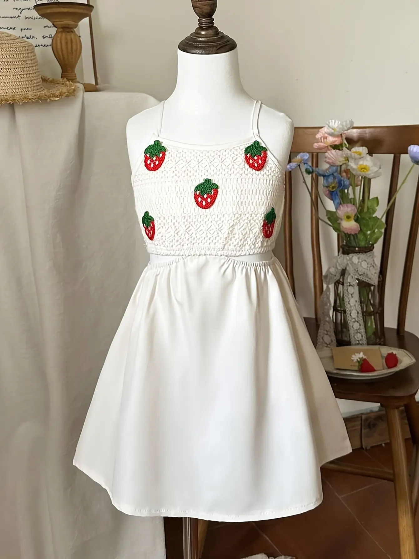Detail 4 of Girls Vintage Strawberry Cutout Waist Cami Dress by LUNORIANA