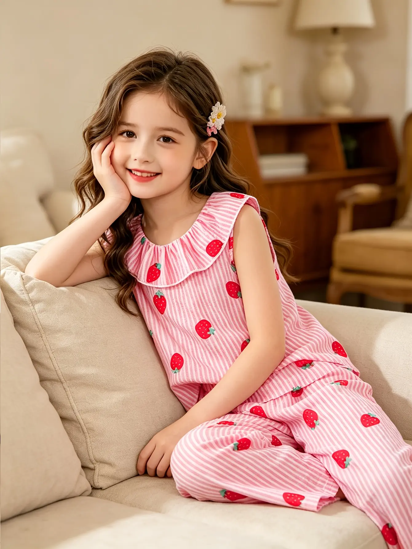 Detail 4 of Girls Pink Stripe Strawberry Top and Pants Set by LUNORIANA
