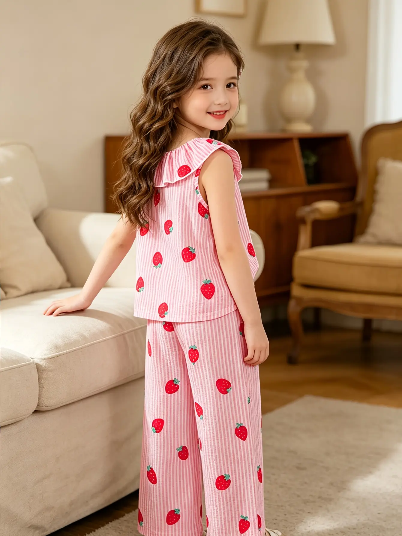 Detail 3 of Girls Pink Stripe Strawberry Top and Pants Set by LUNORIANA