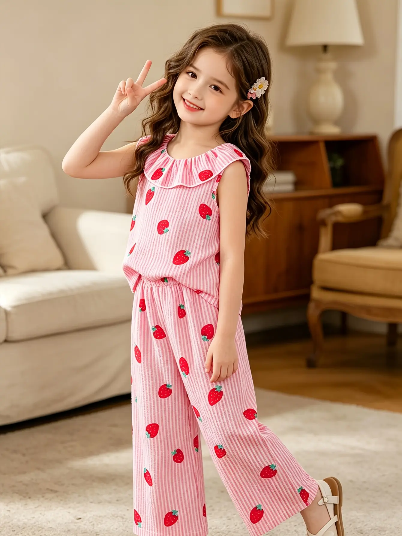 Detail 1 of Girls Pink Stripe Strawberry Top and Pants Set by LUNORIANA