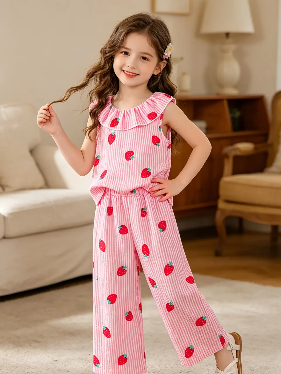 Girls Pink Stripe Strawberry Top and Pants Set