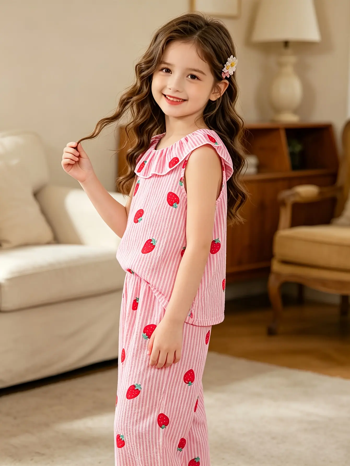 Detail 2 of Girls Pink Stripe Strawberry Top and Pants Set by LUNORIANA