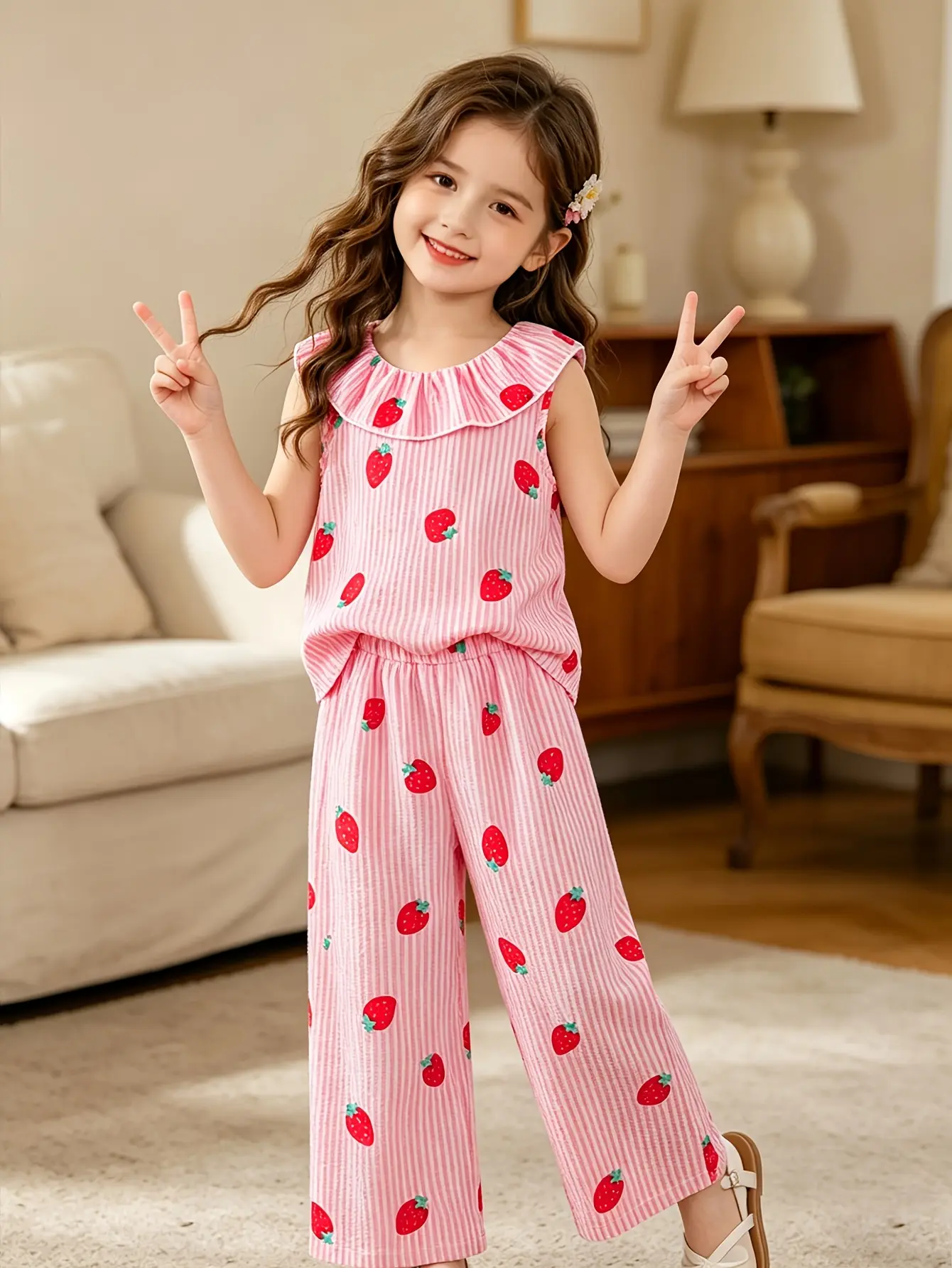 Detail 5 of Girls Pink Stripe Strawberry Top and Pants Set by LUNORIANA