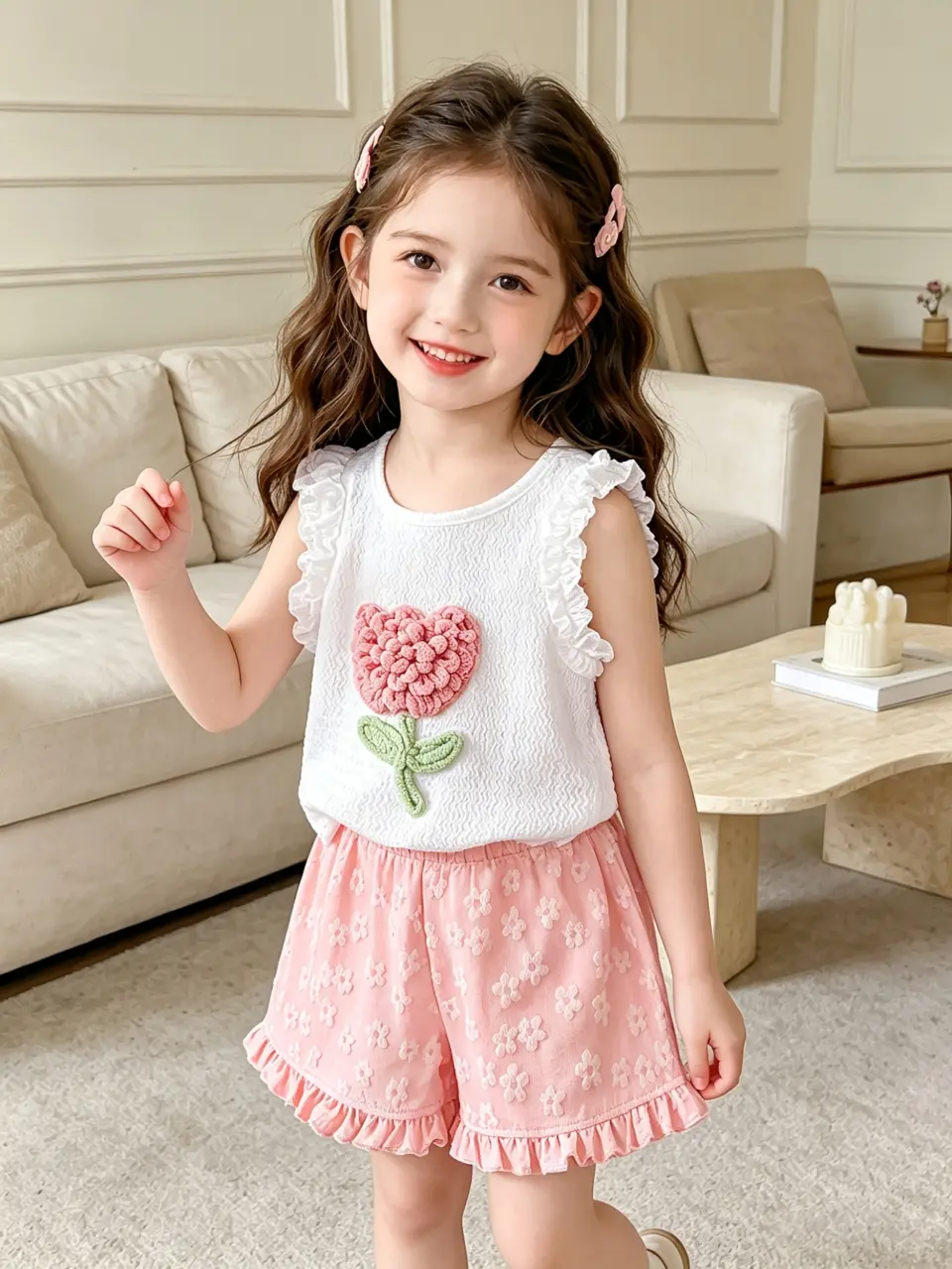 Girls Pink Knit T-Shirt and Shorts Set with Fruit Applique