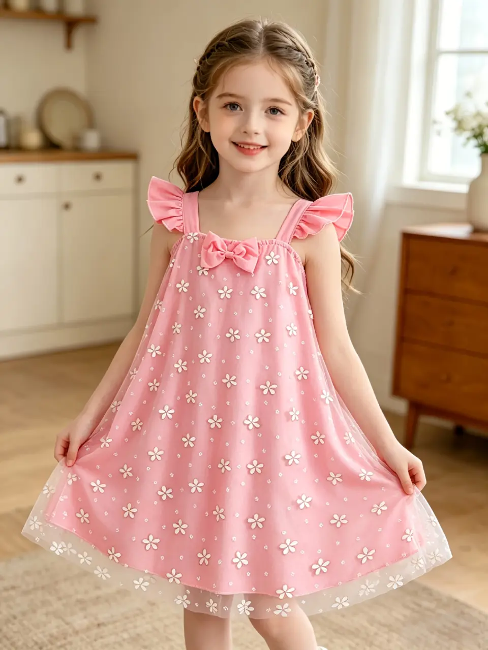 Girls Floral Tulle Strap Dress with Stretchy Bodice