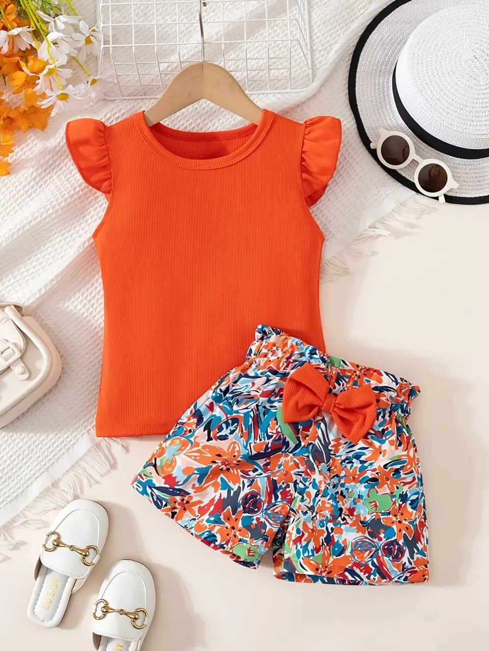 Girls Orange Puff Sleeve T-Shirt and Bow Print Shorts Set