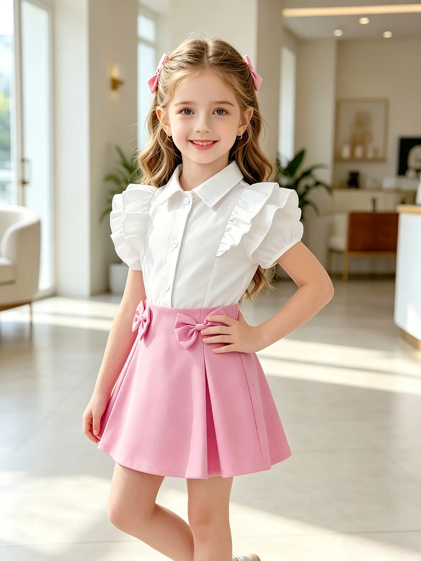 Detail 2 of Girls Ruffle Collar Blouse and Double Bow Skirt Set by LUNORIANA