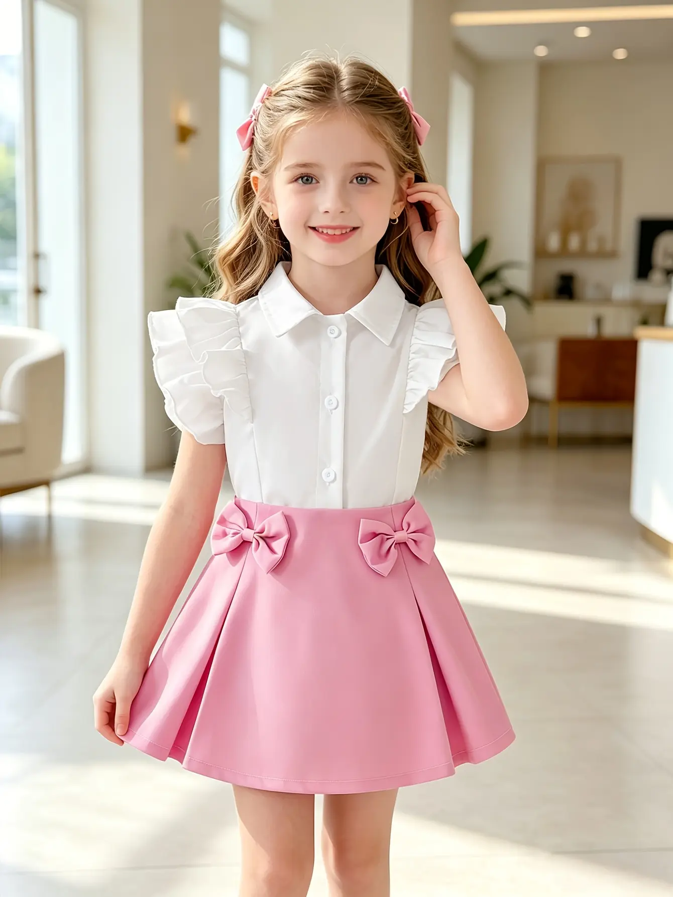 Detail 5 of Girls Ruffle Collar Blouse and Double Bow Skirt Set by LUNORIANA