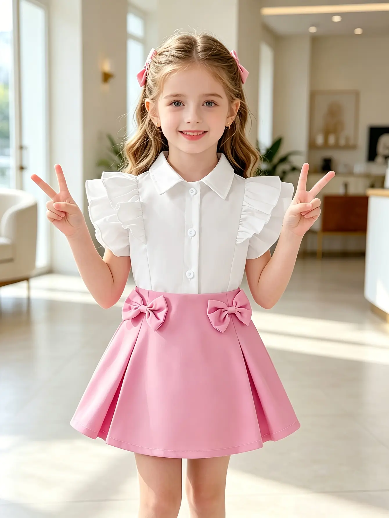 Detail 3 of Girls Ruffle Collar Blouse and Double Bow Skirt Set by LUNORIANA