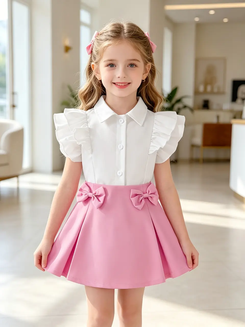 Girls Ruffle Collar Blouse and Double Bow Skirt Set