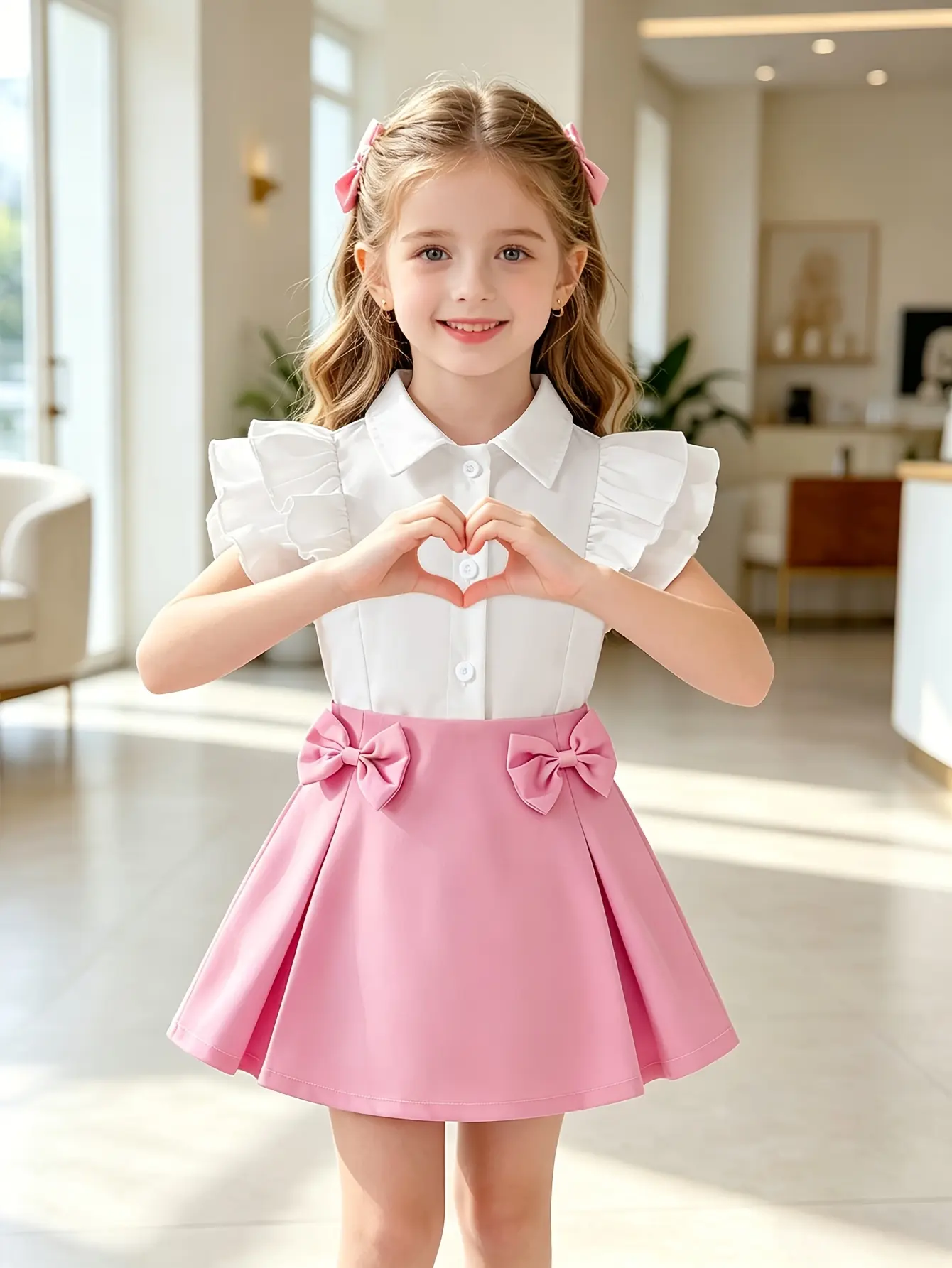 Detail 4 of Girls Ruffle Collar Blouse and Double Bow Skirt Set by LUNORIANA