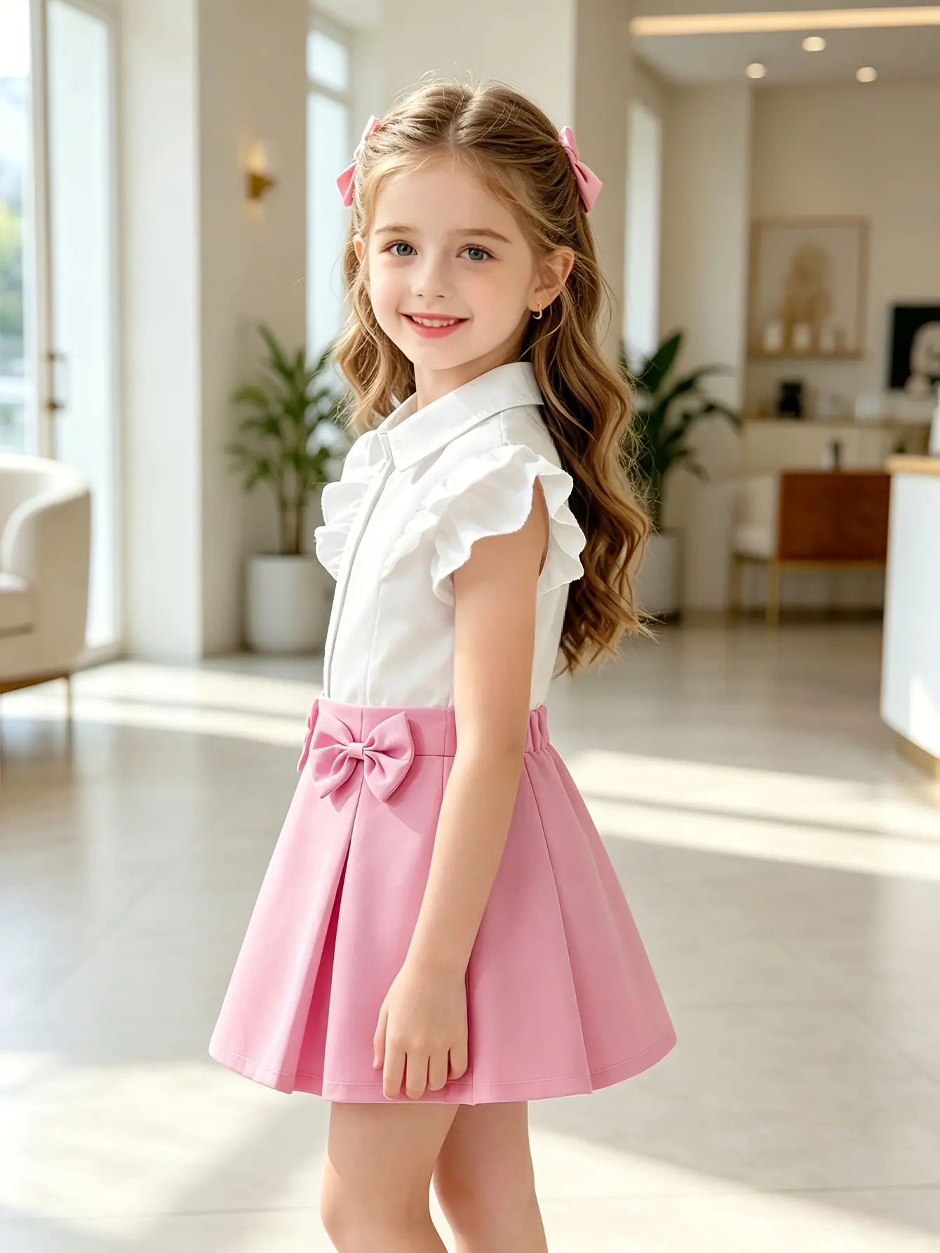 Detail 1 of Girls Ruffle Collar Blouse and Double Bow Skirt Set by LUNORIANA