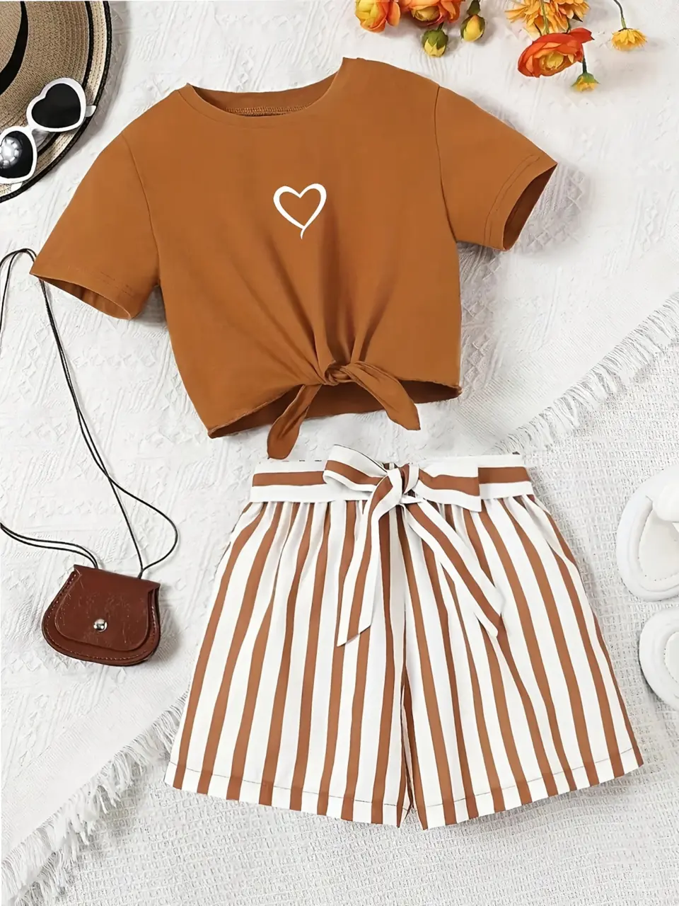 Girls Print T-Shirt and Stripe Shorts Set with Belt