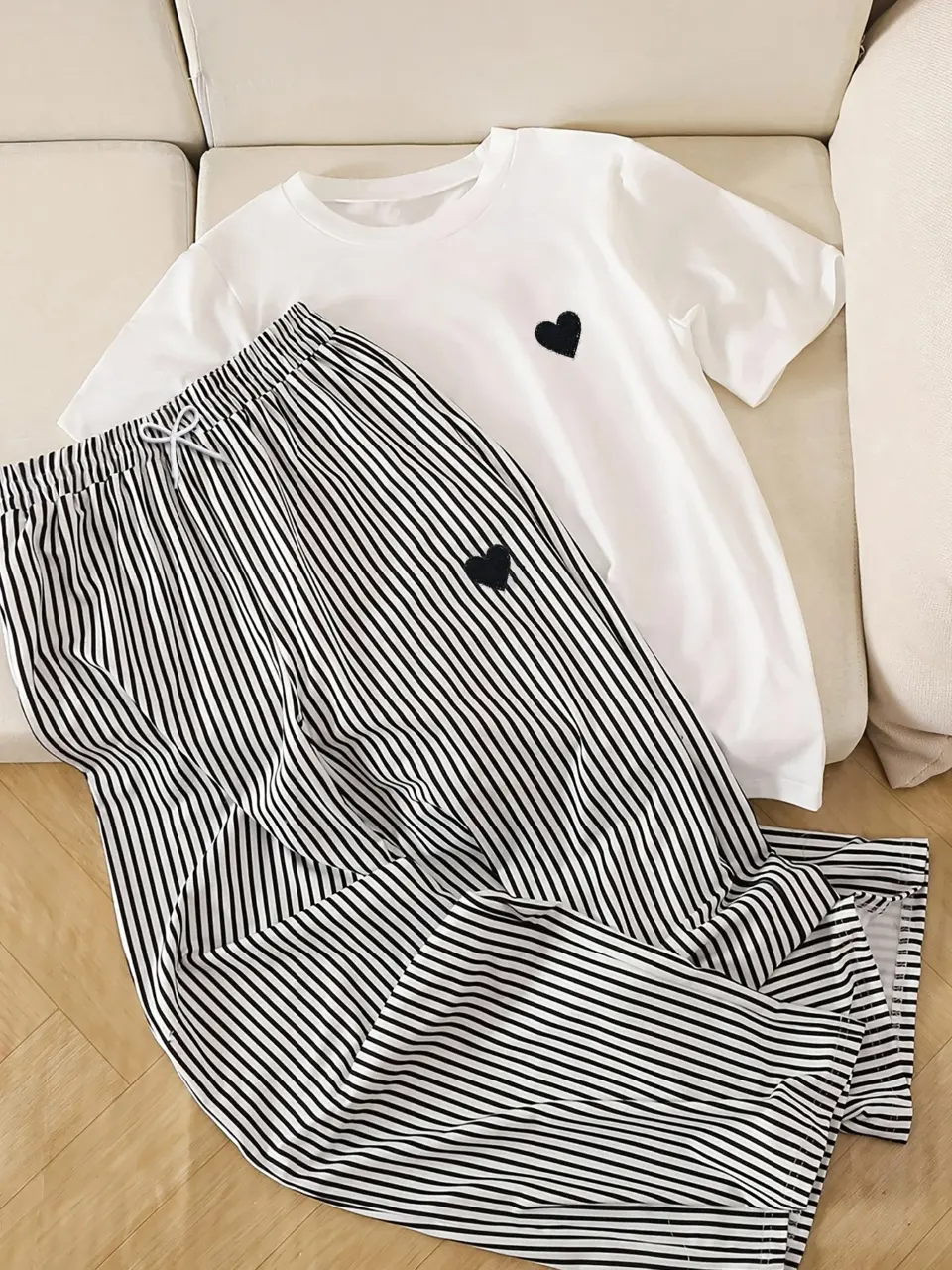 Girls Heart Tee and Bow Stripe Wide Leg Pants Set