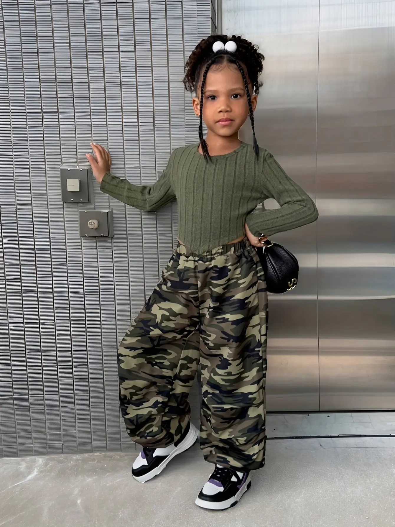 Detail 4 of Girls Camo Pants and Knit Long Sleeve Top Set by LUNORIANA