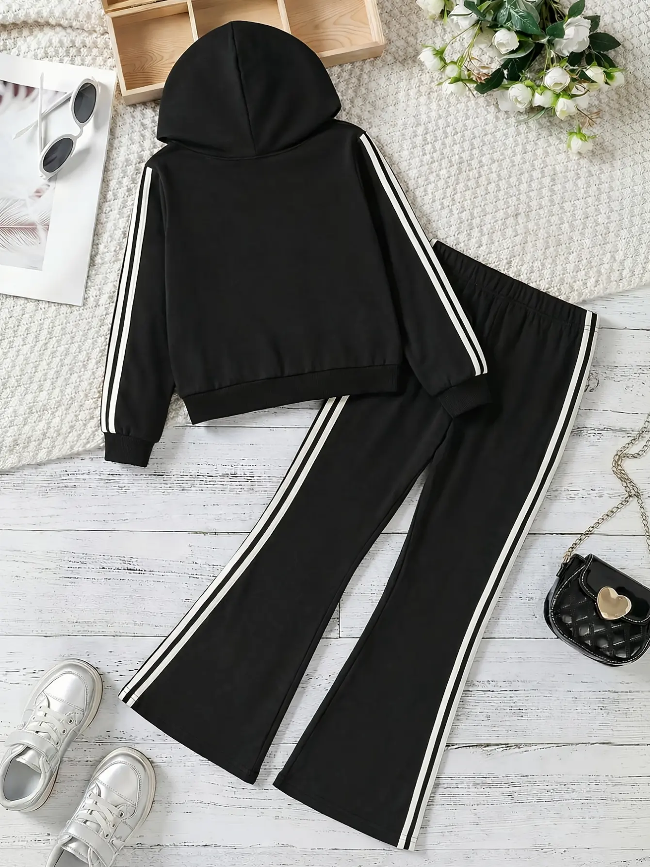 Detail 1 of Girls Hooded Sweatshirt and Striped Flare Pants Set by LUNORIANA