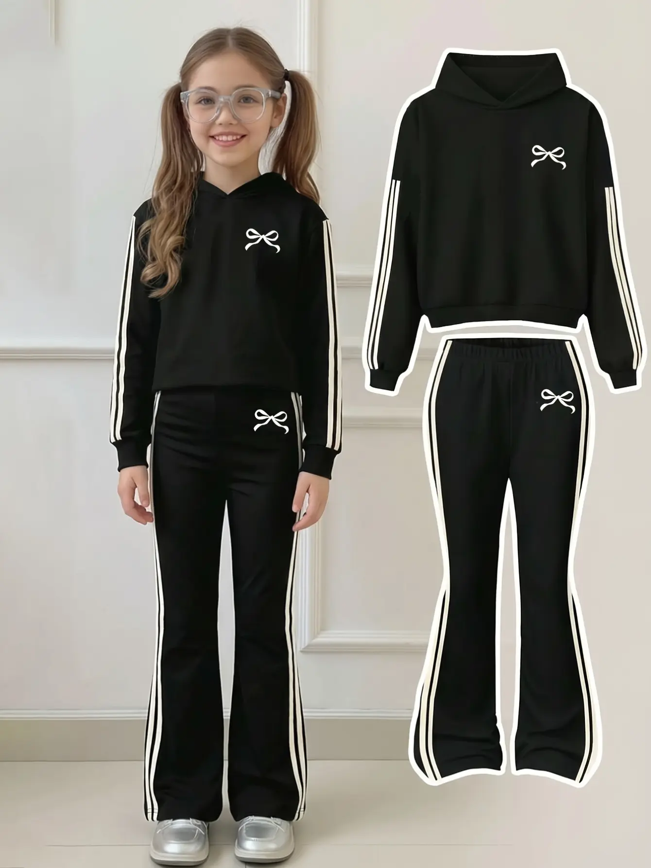 Girls Hooded Sweatshirt and Striped Flare Pants Set