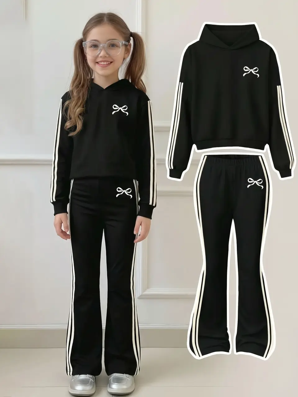 Girls Hooded Sweatshirt and Striped Flare Pants Set