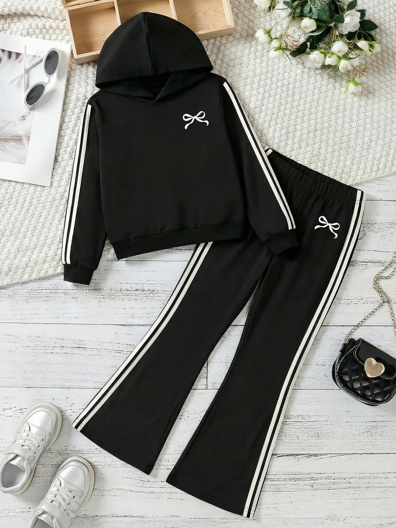 Detail 2 of Girls Hooded Sweatshirt and Striped Flare Pants Set by LUNORIANA
