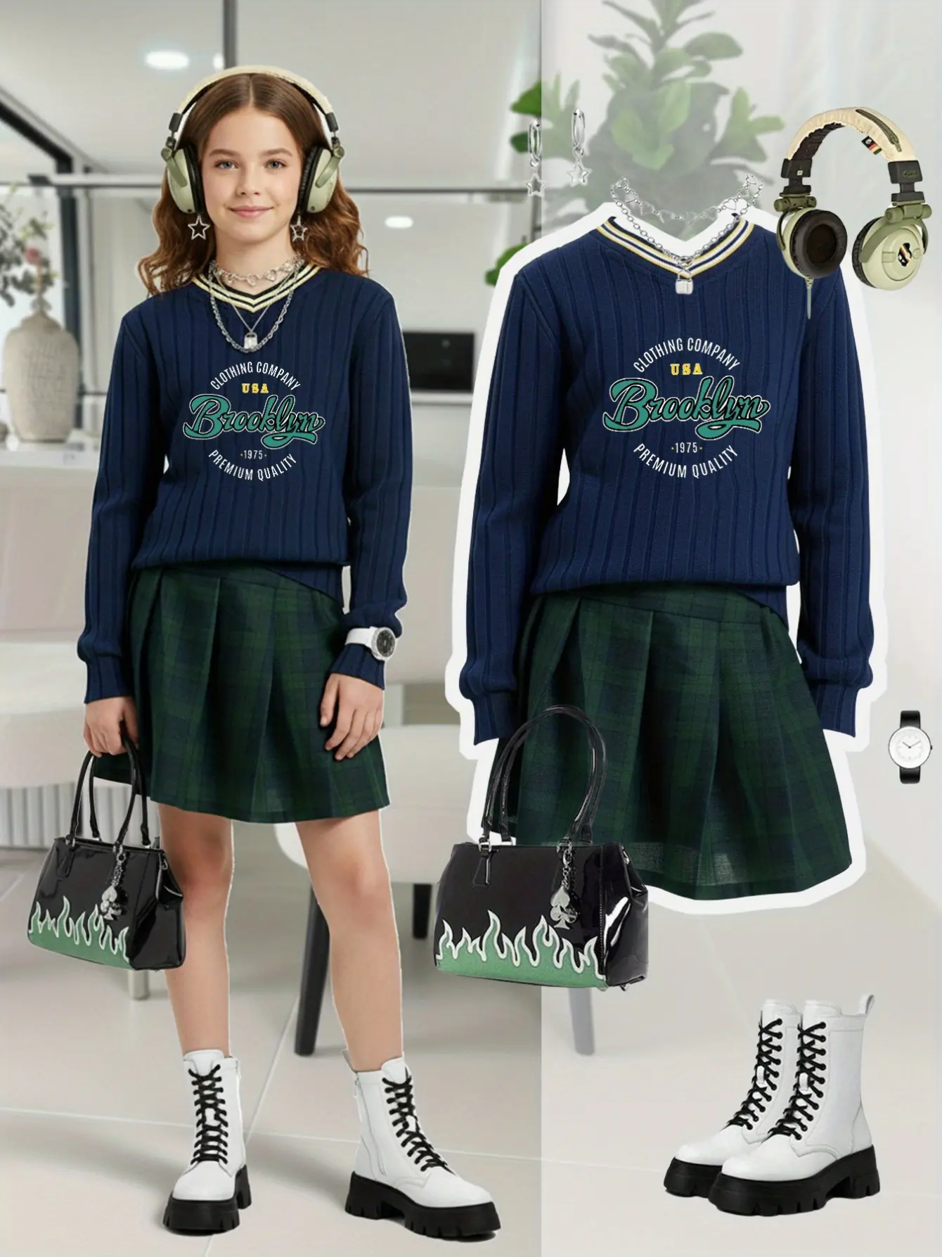 Girls Varsity Print Top and Pleated Skirt Set