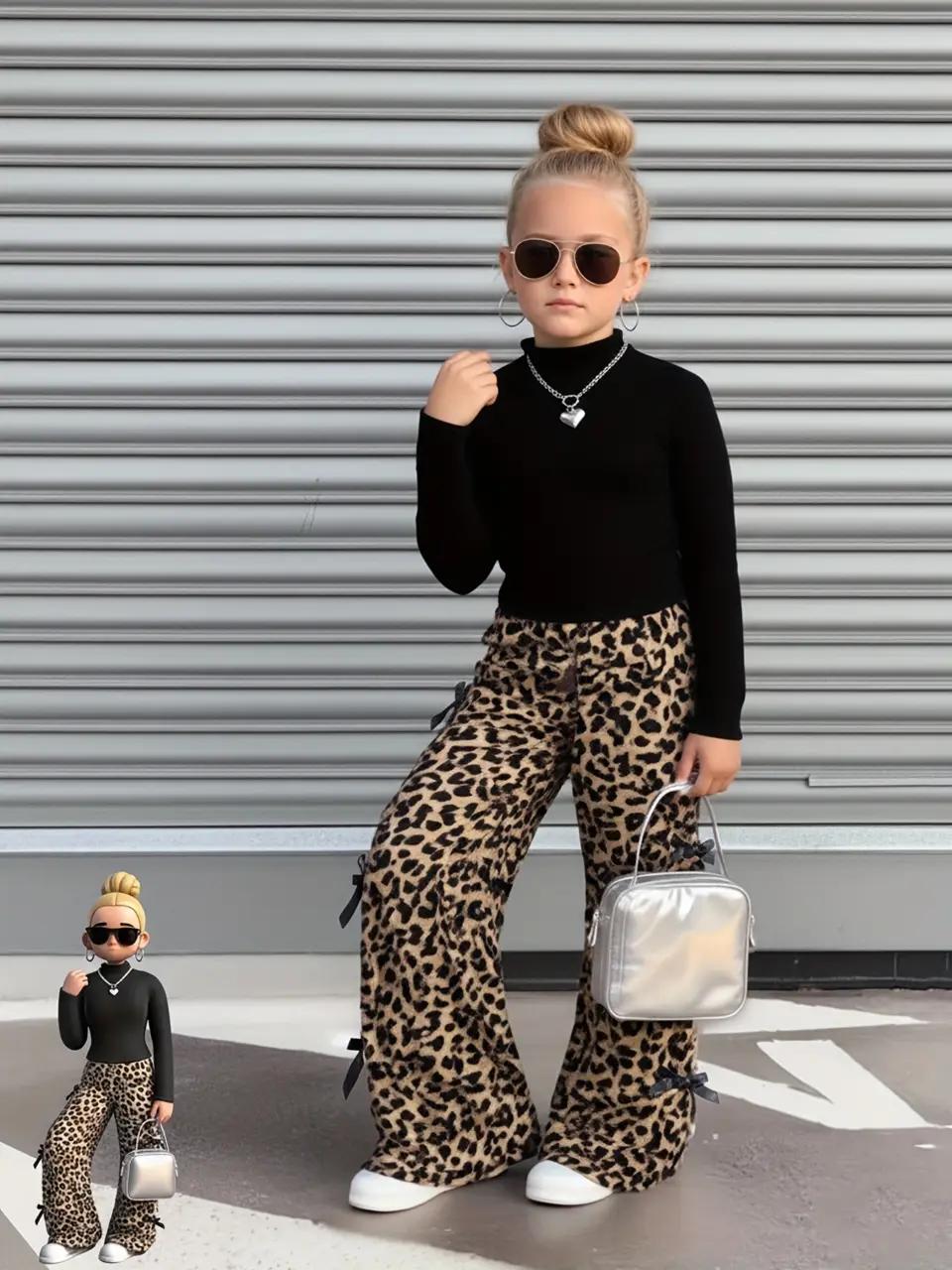 Girls Bow Leopard Mock Neck Top and Casual Pants Set