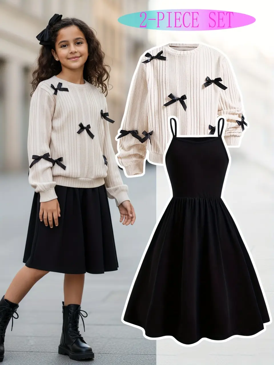 Girls Bow Knit Sweater and Suspender Dress Set