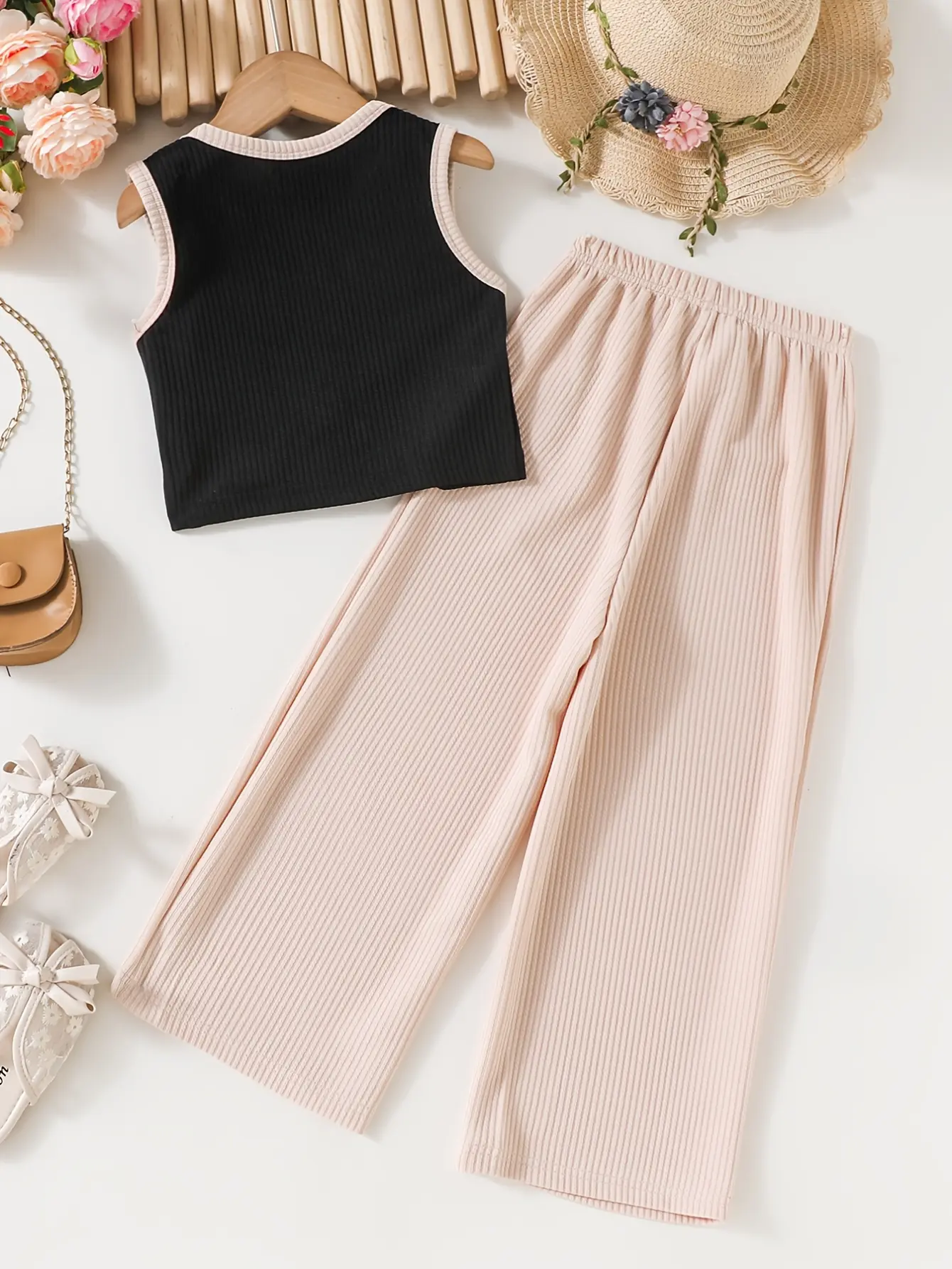 Detail 1 of Girls Black Knit Tank and Khaki Wide Leg Pants Set by LUNORIANA