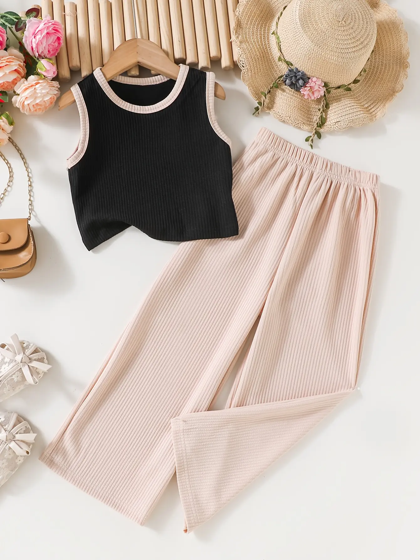 Detail 3 of Girls Black Knit Tank and Khaki Wide Leg Pants Set by LUNORIANA