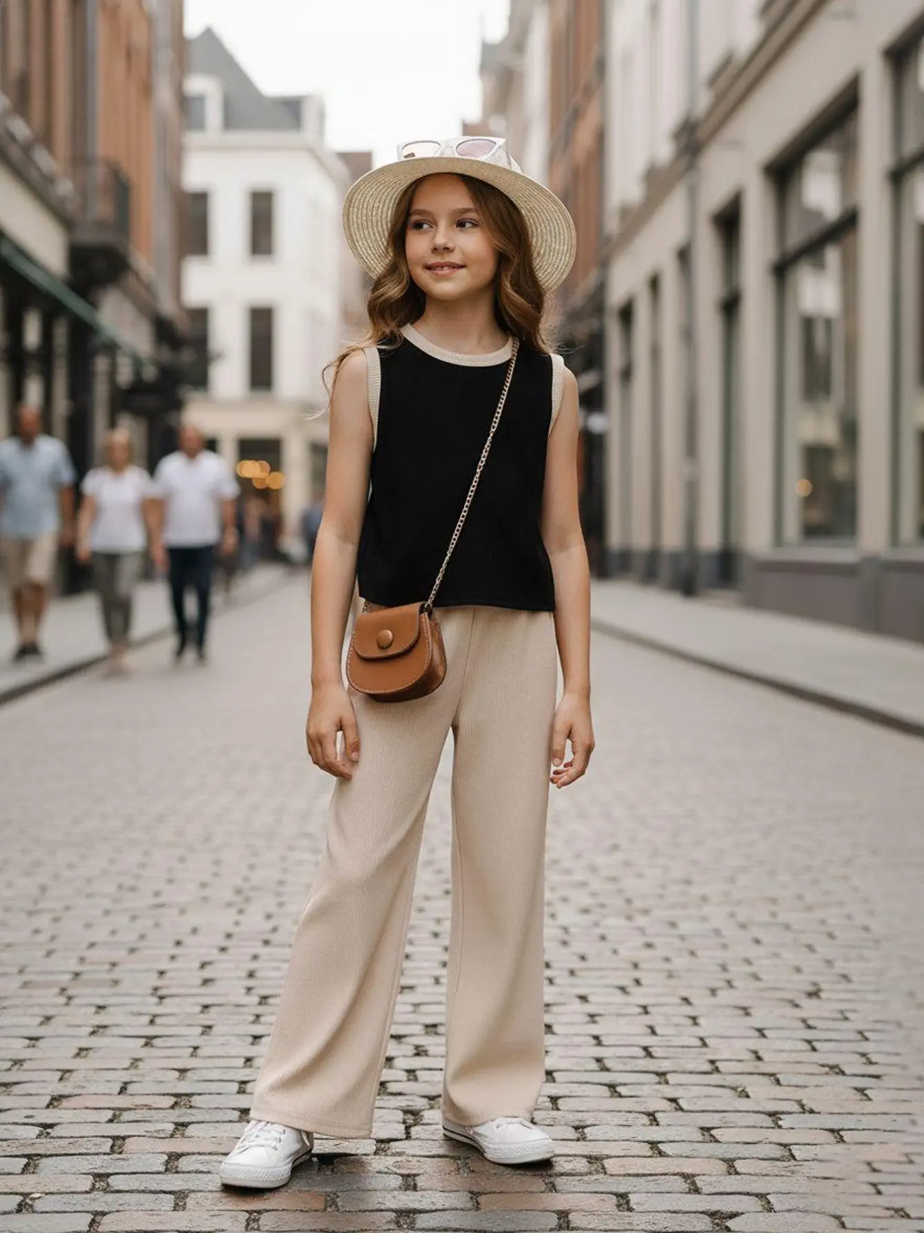 Detail 2 of Girls Black Knit Tank and Khaki Wide Leg Pants Set by LUNORIANA