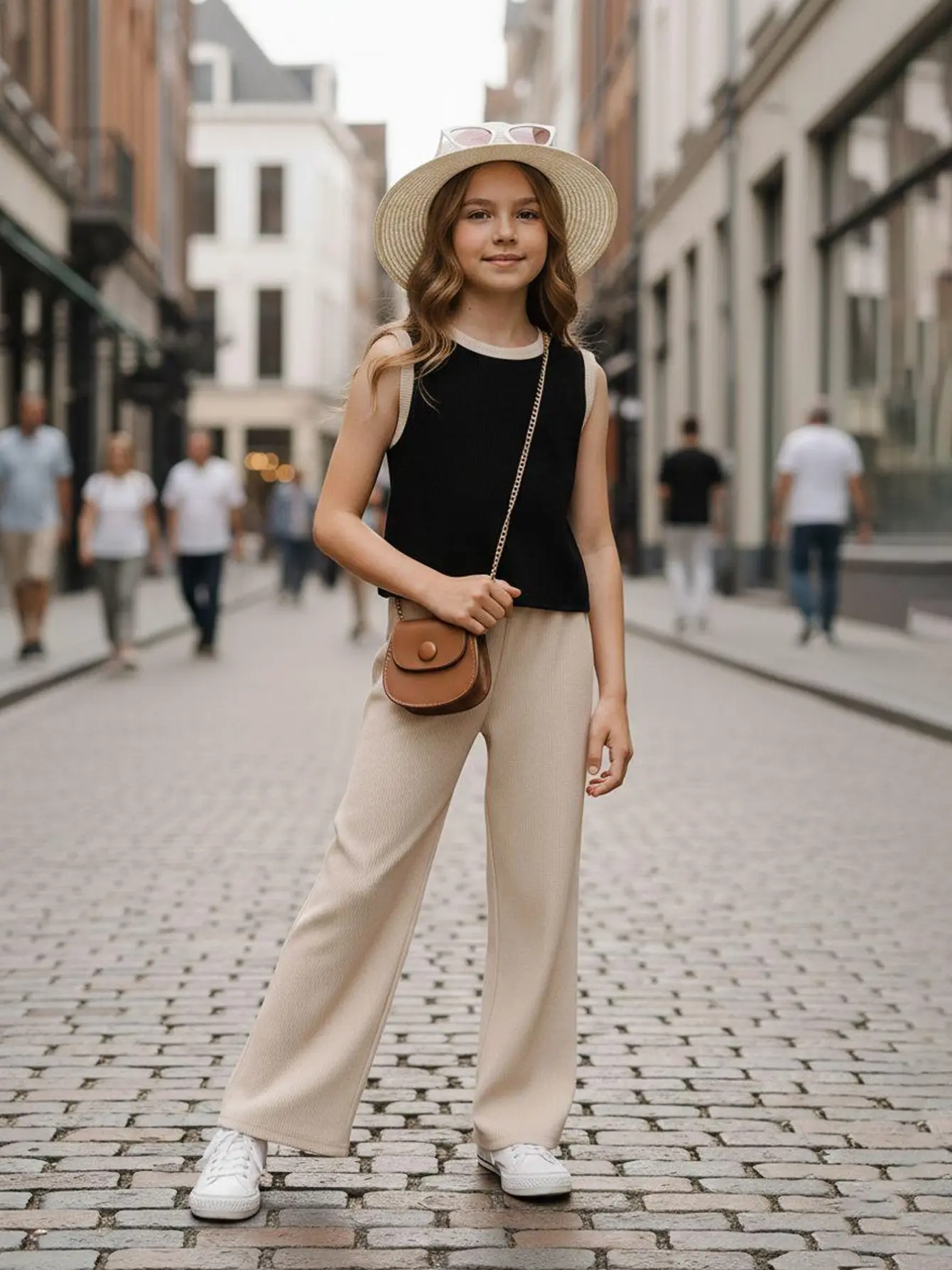 Girls Black Knit Tank and Khaki Wide Leg Pants Set