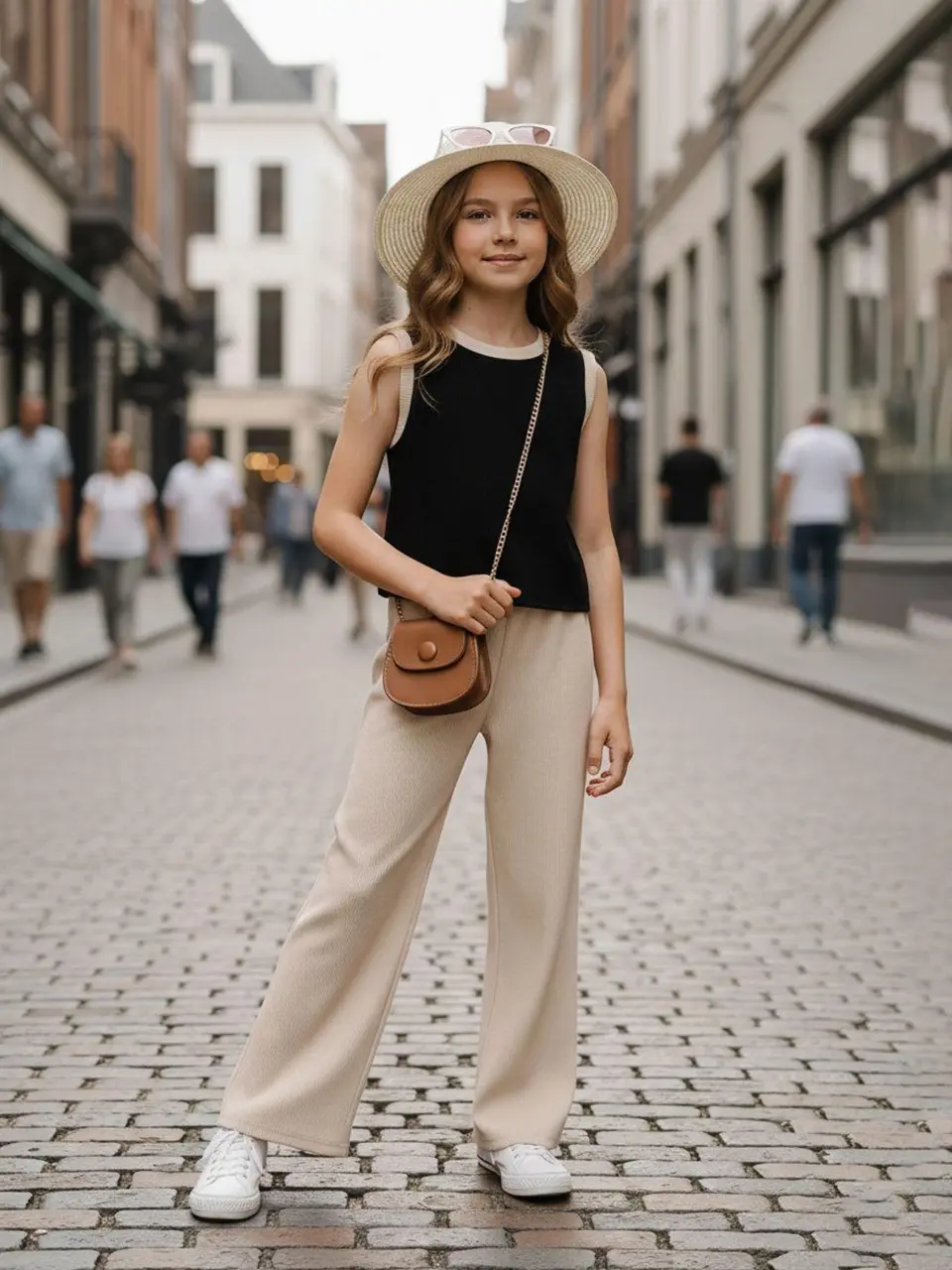 Girls Black Knit Tank and Khaki Wide Leg Pants Set