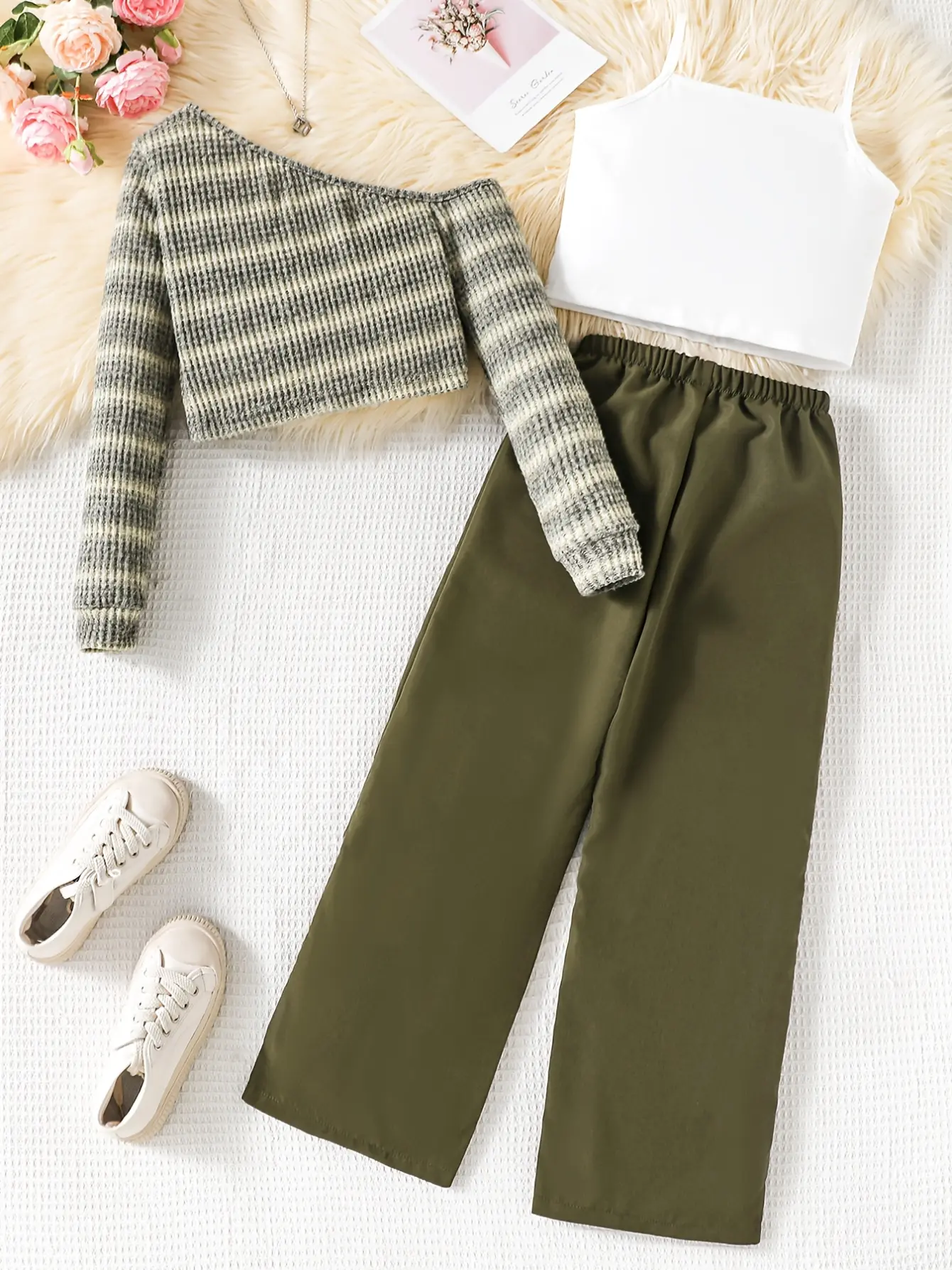 Detail 1 of Girls Knit Vest Cami and Wide Leg Pants 3-Piece Set by LUNORIANA