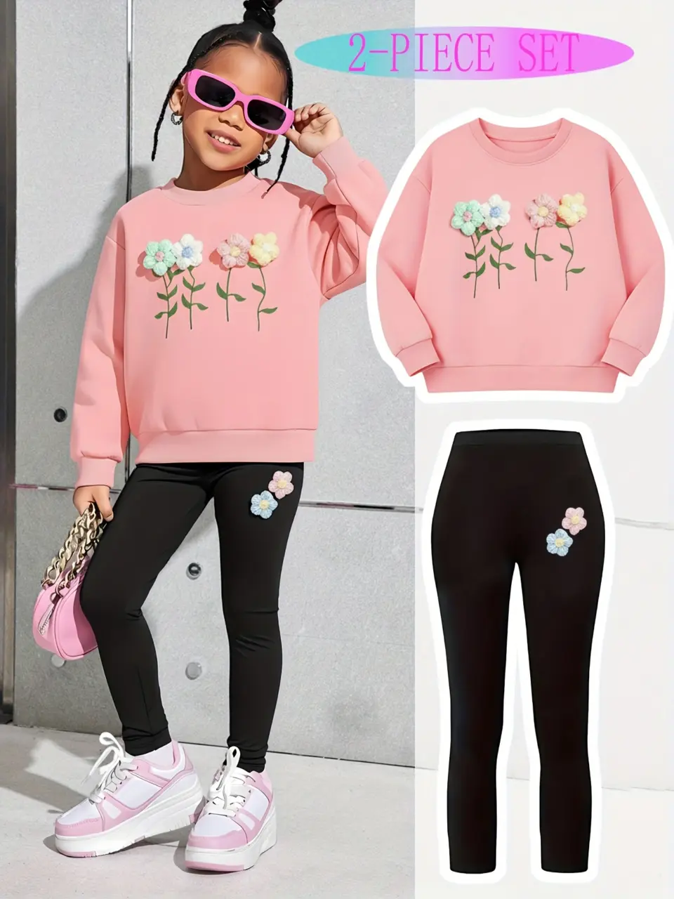 Girls Pink Sweatshirt and Black Leggings Set