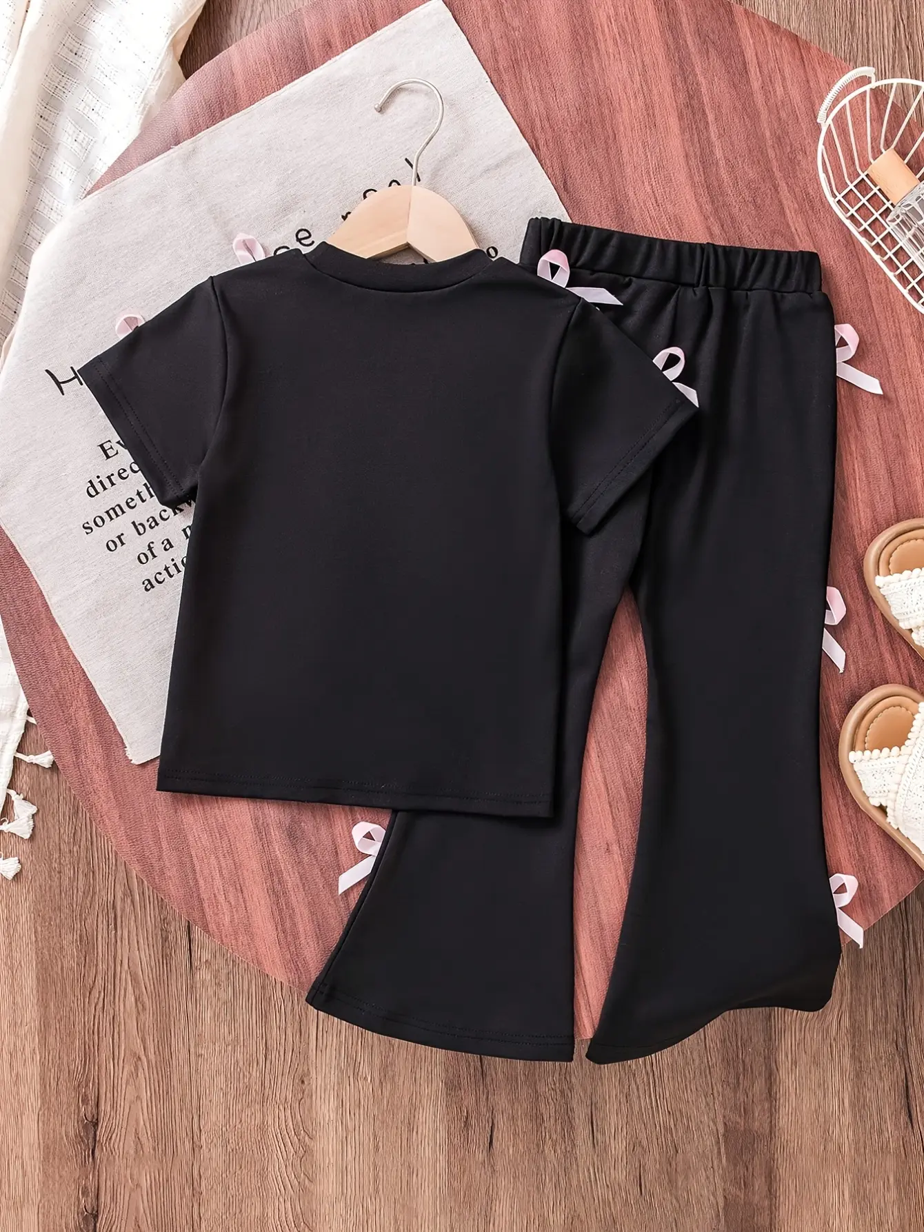 Detail 1 of Girls Black Bow T-Shirt and Flare Pants Set by LUNORIANA