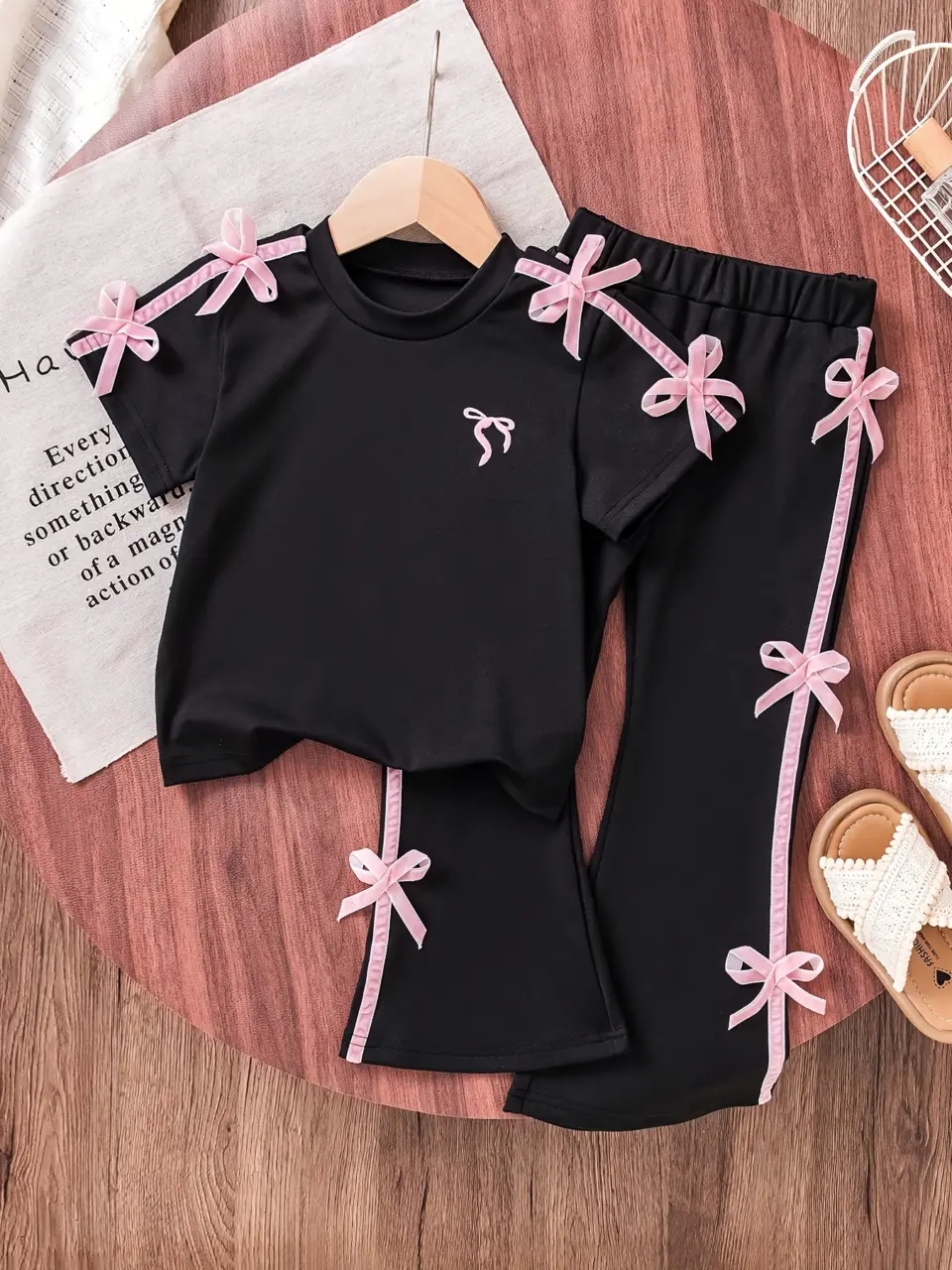 Girls Black Bow T-Shirt and Flare Pants Set