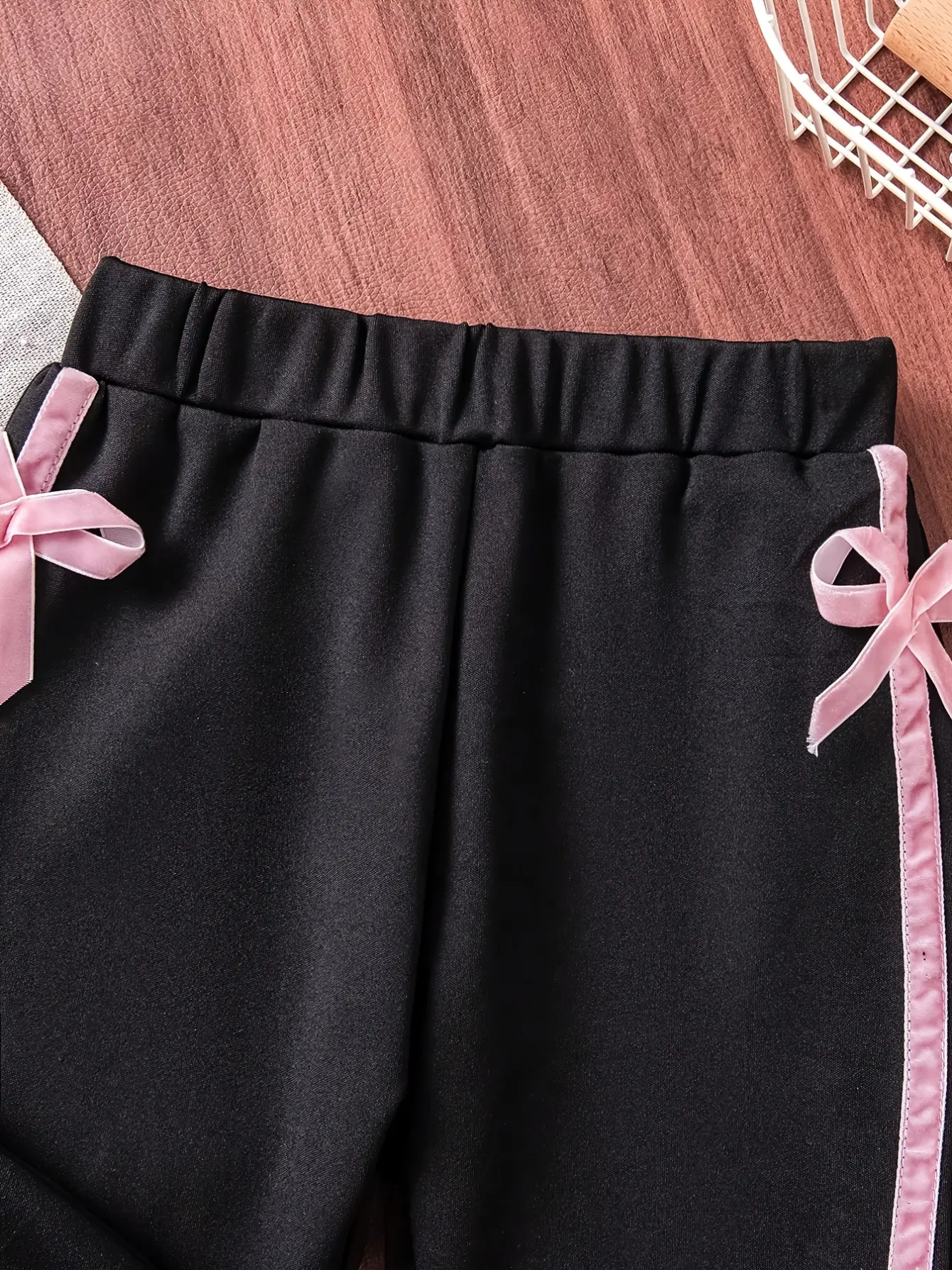 Detail 2 of Girls Black Bow T-Shirt and Flare Pants Set by LUNORIANA
