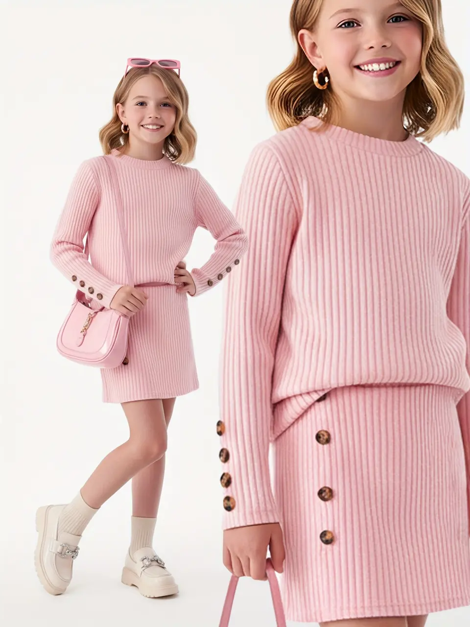 Girls Striped Sweatshirt and Pink Skirt Set