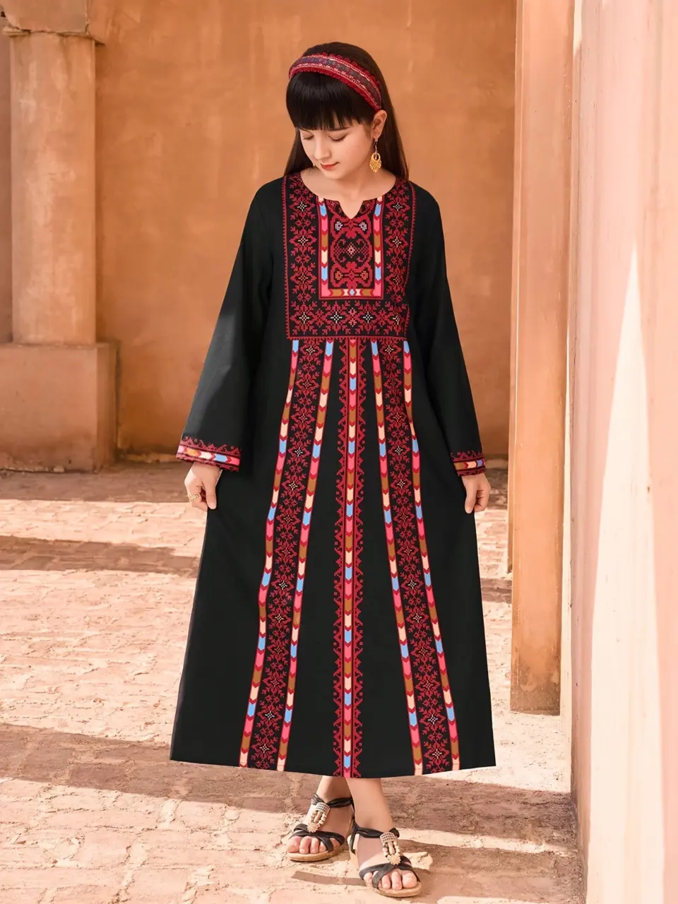 Girls Retro Print Flare Sleeve Long Dress