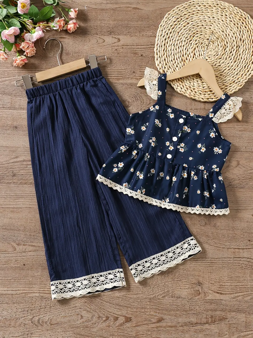Girls Floral Short Sleeve Top and Wide Leg Pants Set