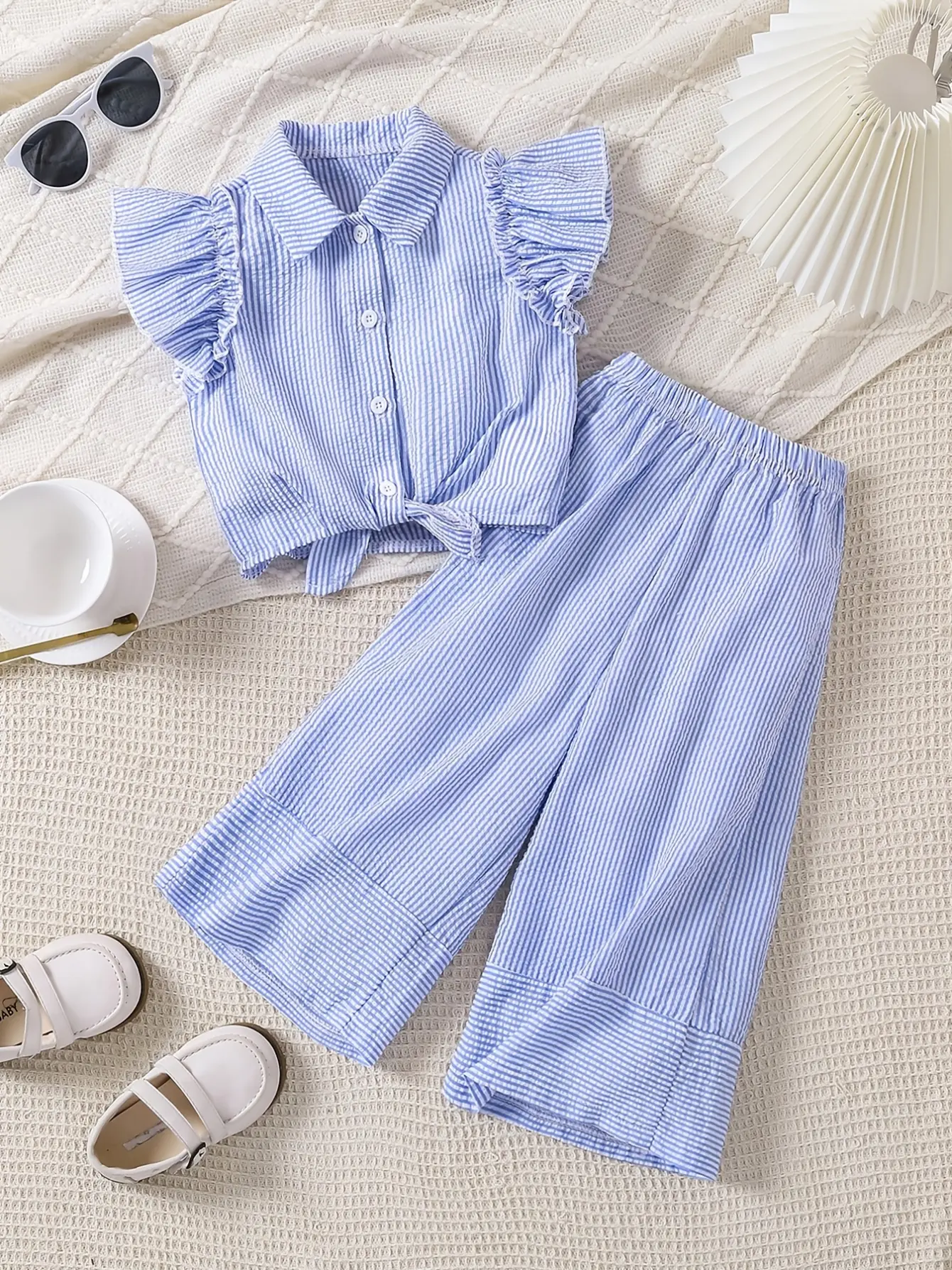 Detail 2 of Girls Striped Ruffle Top and Wide Leg Pants Set by LUNORIANA