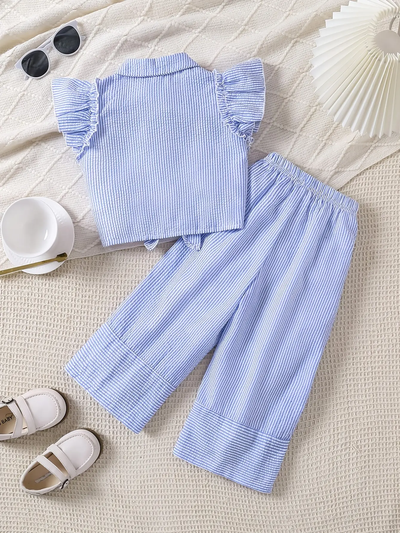 Detail 1 of Girls Striped Ruffle Top and Wide Leg Pants Set by LUNORIANA