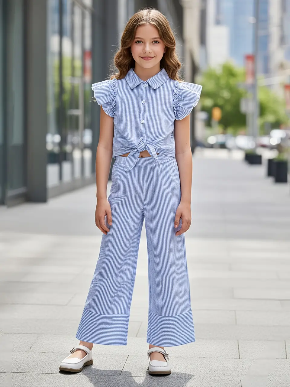 Girls Striped Ruffle Top and Wide Leg Pants Set