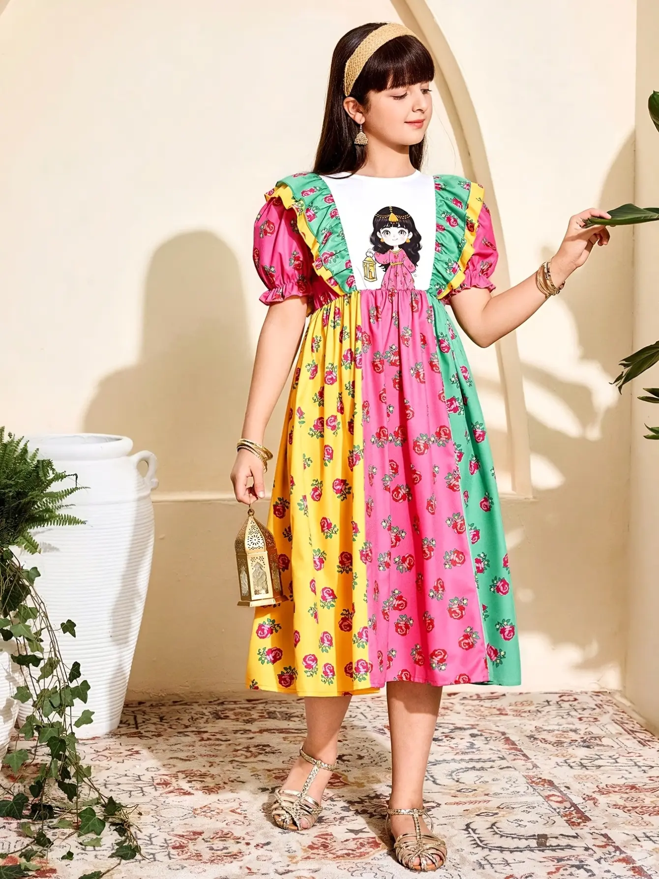 Detail 4 of Girls Floral Puff Sleeve Ruffle Dress by LUNORIANA