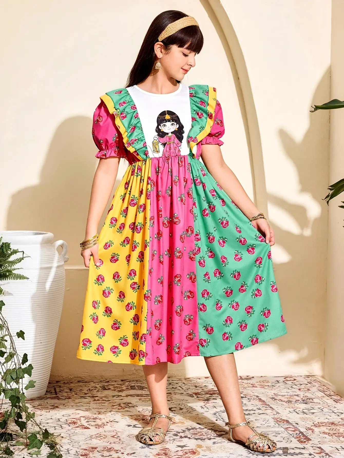 Detail 2 of Girls Floral Puff Sleeve Ruffle Dress by LUNORIANA