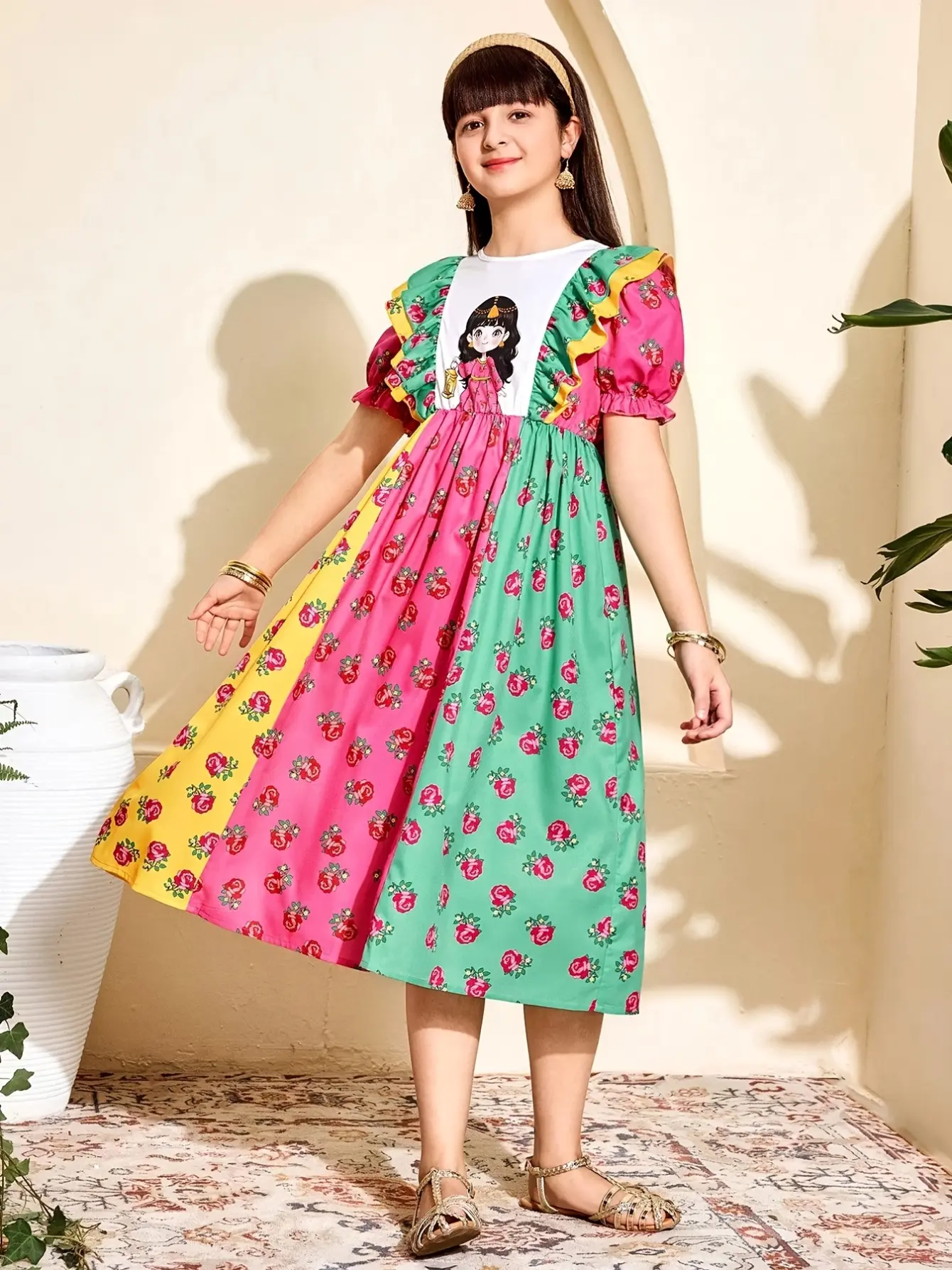 Girls Floral Puff Sleeve Ruffle Dress