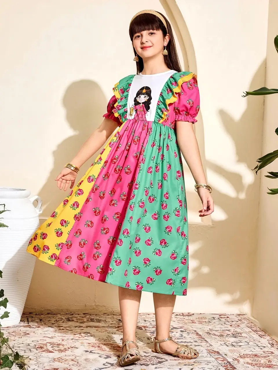 Girls Floral Puff Sleeve Ruffle Dress